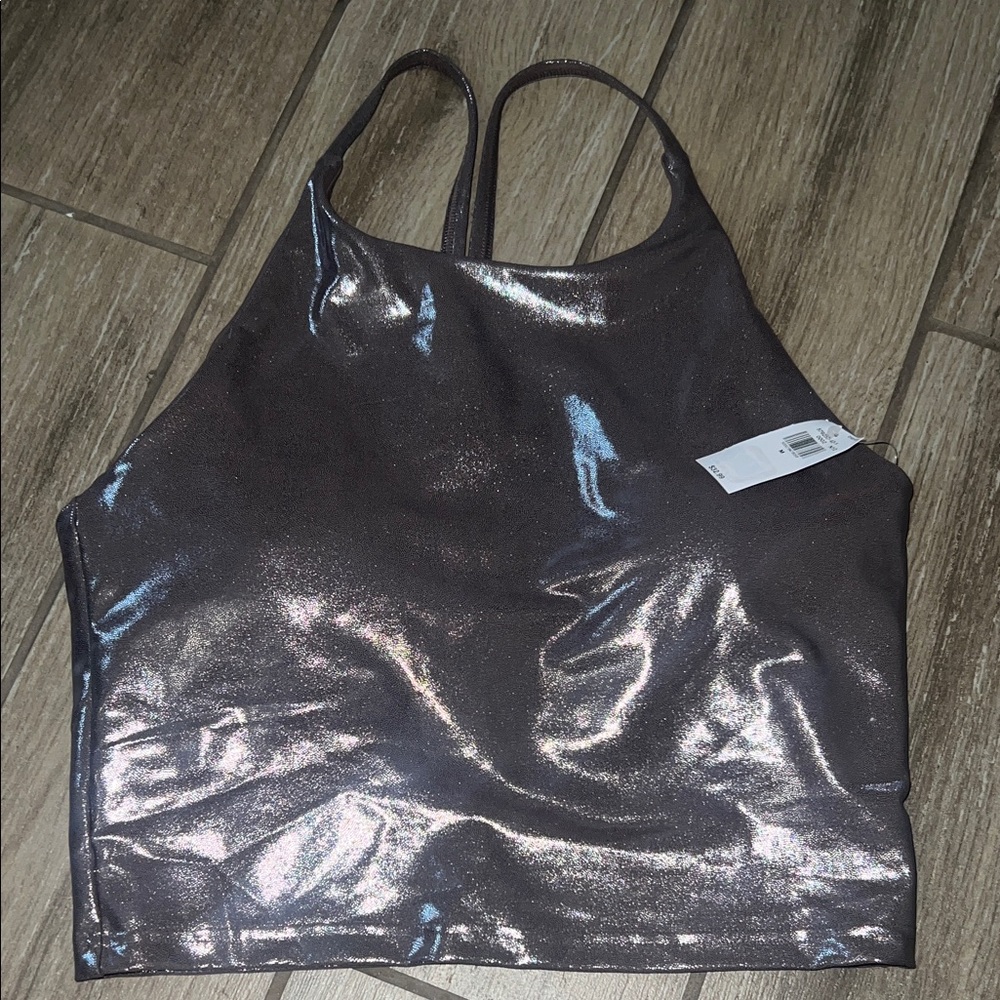 Old Navy NWT Metallic Black/Silver Women's Halter Workout Top